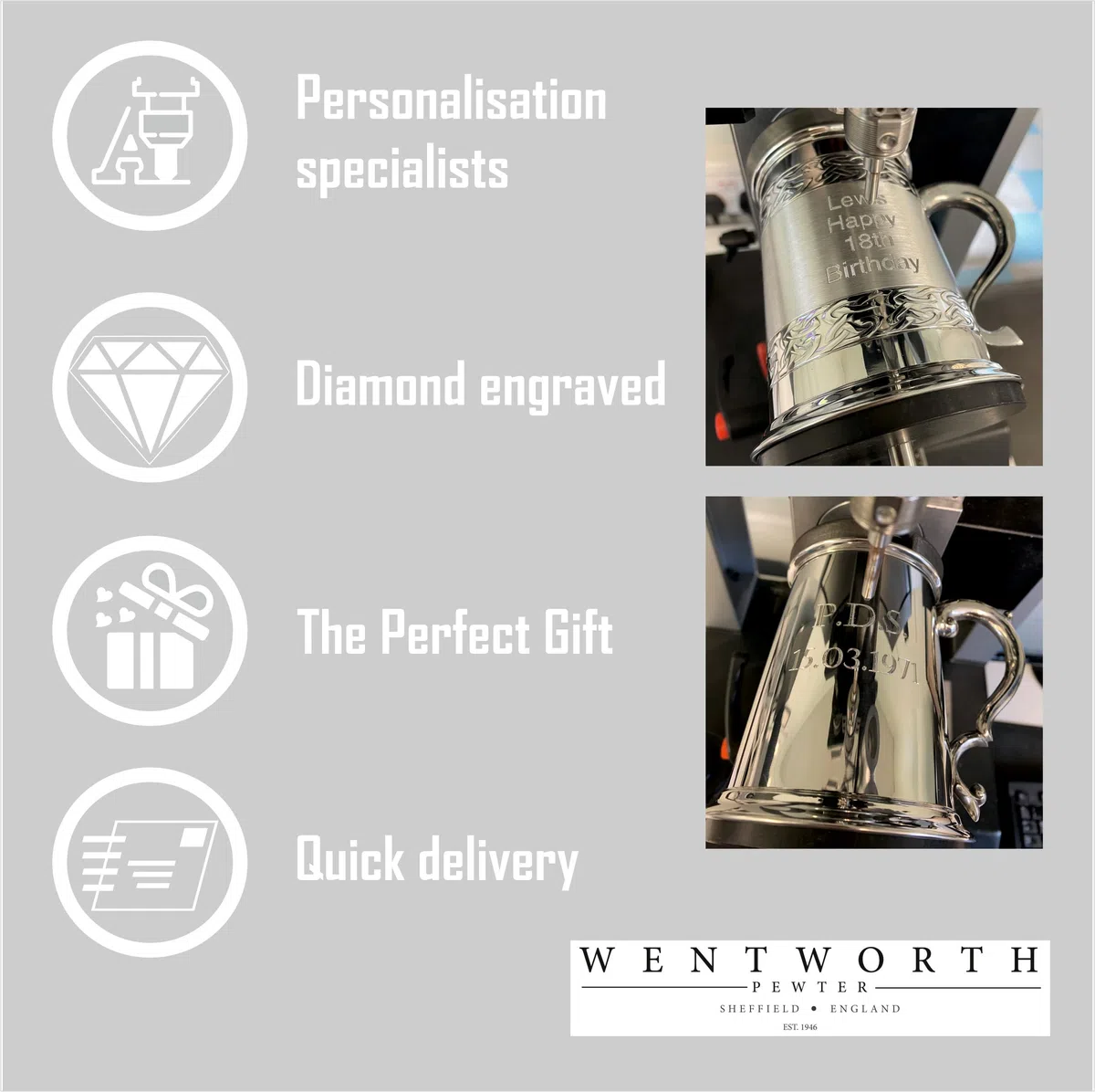 Wentworth - Jarra de peltre con base de cristal para cerveza, regalo para el día del padre, cumpleaños, regalo de boda