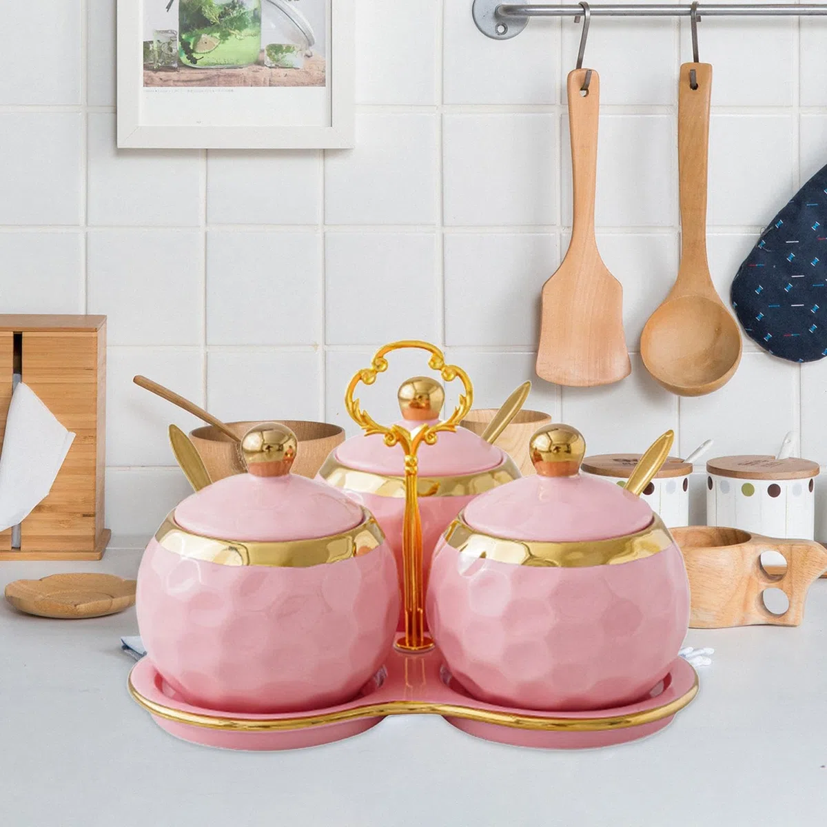 3 Tarros de Cerámica para Especias Y Condimentos, Ideales para Restaurantes, Cocinas Y Encimeras (Color Rosa), Rosa, Individual