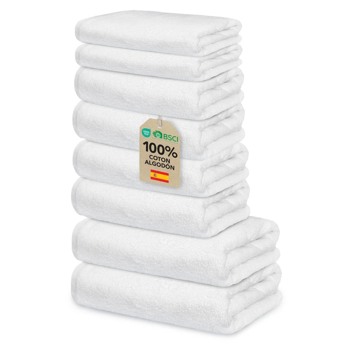Ôhm Juego de Toallas de Baño 8 Piezas 100% Algodón 500 g/m² – 2 Toallas Ducha 70x140 + 4 Toallas Lavabo 50x100 + 2 Toallas Mano 30x50 – Set Familiar Alta Absorción – Blanco – Oeko-Tex