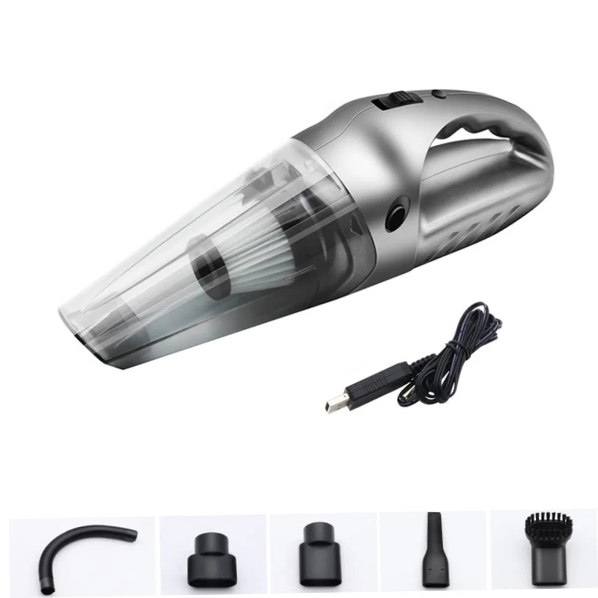 Cabilock Aspiradora de Mano para Coche Portátil Mini en Abs Plata | Uso en Seco y Húmedo, Cable de Carga USB Incluido, Formato Compacto para Migas y Pelo