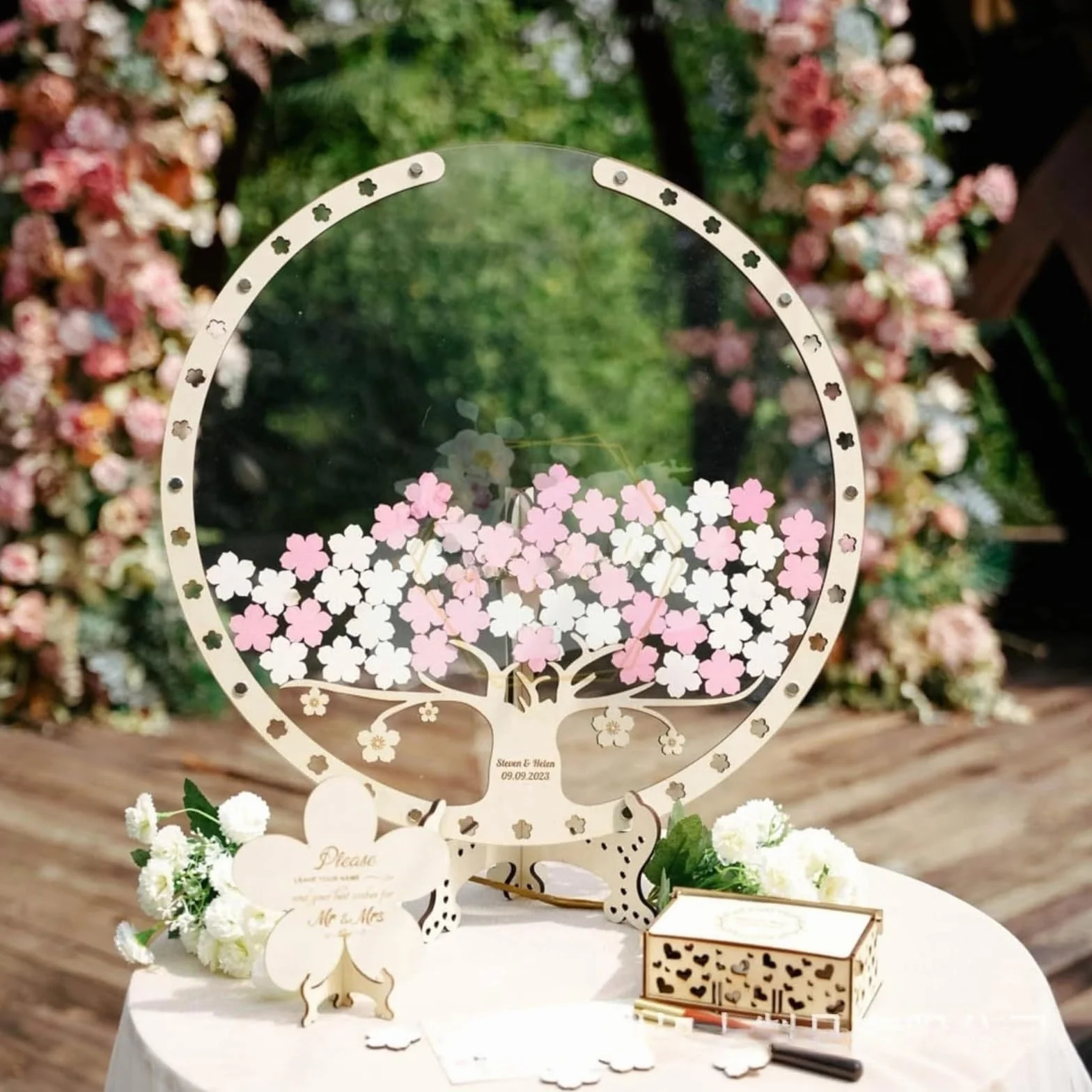 Arbol De Huellas Mesa de Registro Árbol de Flor de Cerezo Boda Libro de firmas Creativo Caja de Mensajes Marco de Huellas Dactilares(with Wooden Box)
