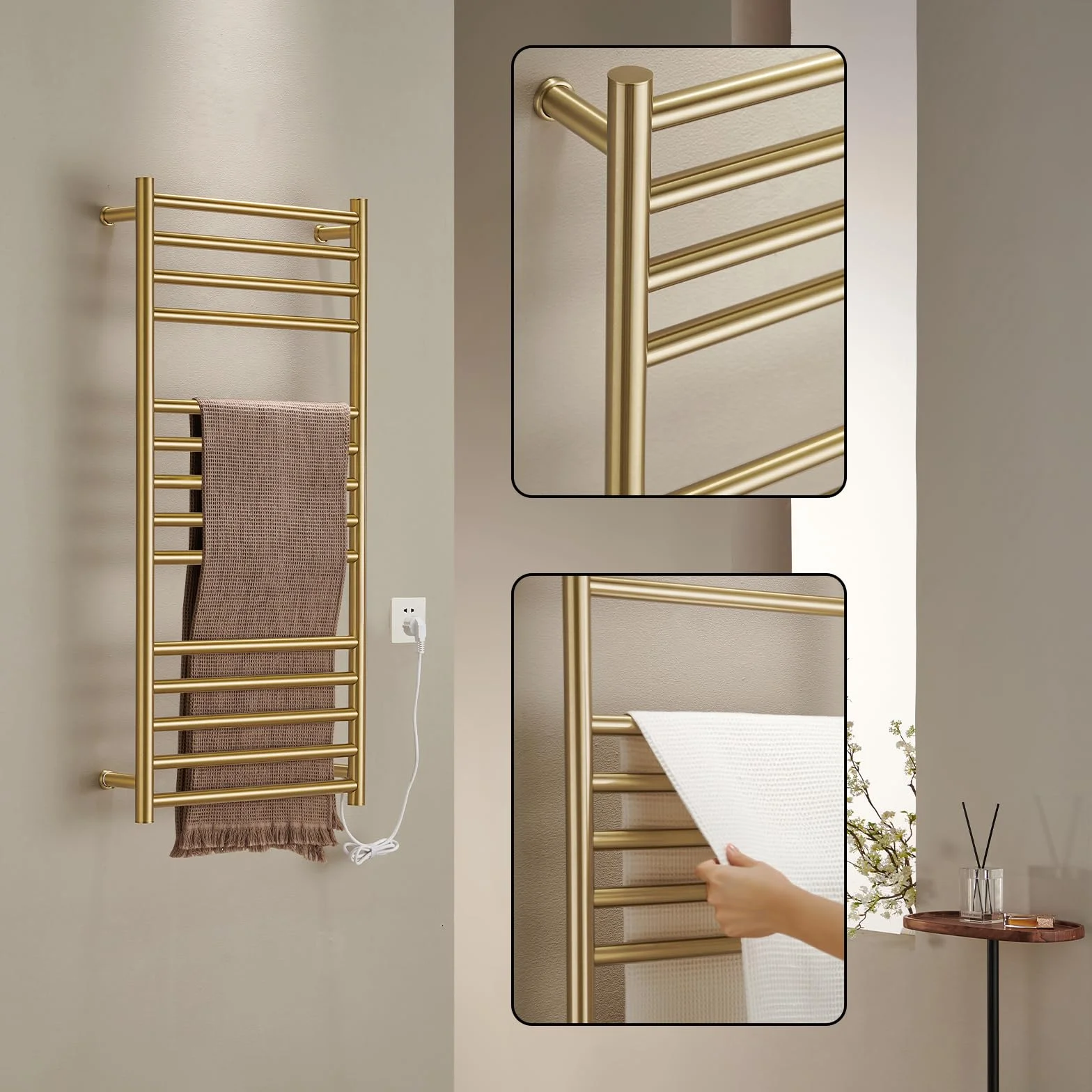 Radiador Toallero Eléctrico Baño Dorado Calentador de Toallas 162 W | Bajo Consumo, Acero Inoxidable, IP44 Impermeable, 110x52x12cm Instalación en la Pared, Fácil de Limpiar, con EU Enchufe