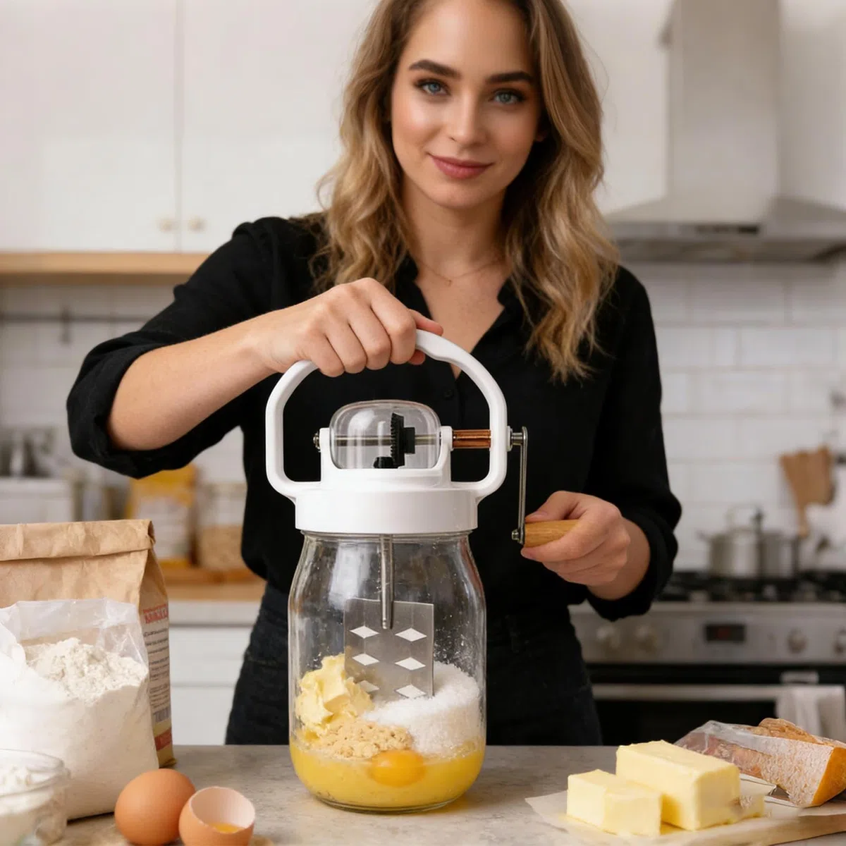 Batidora de Manivela Mezclador de Mantequilla de 1500 ml | con Frasco de Vidrio Varillas Manuales para Repostería, Cocina, Niños, Harina, Alimentos, Mermelada,