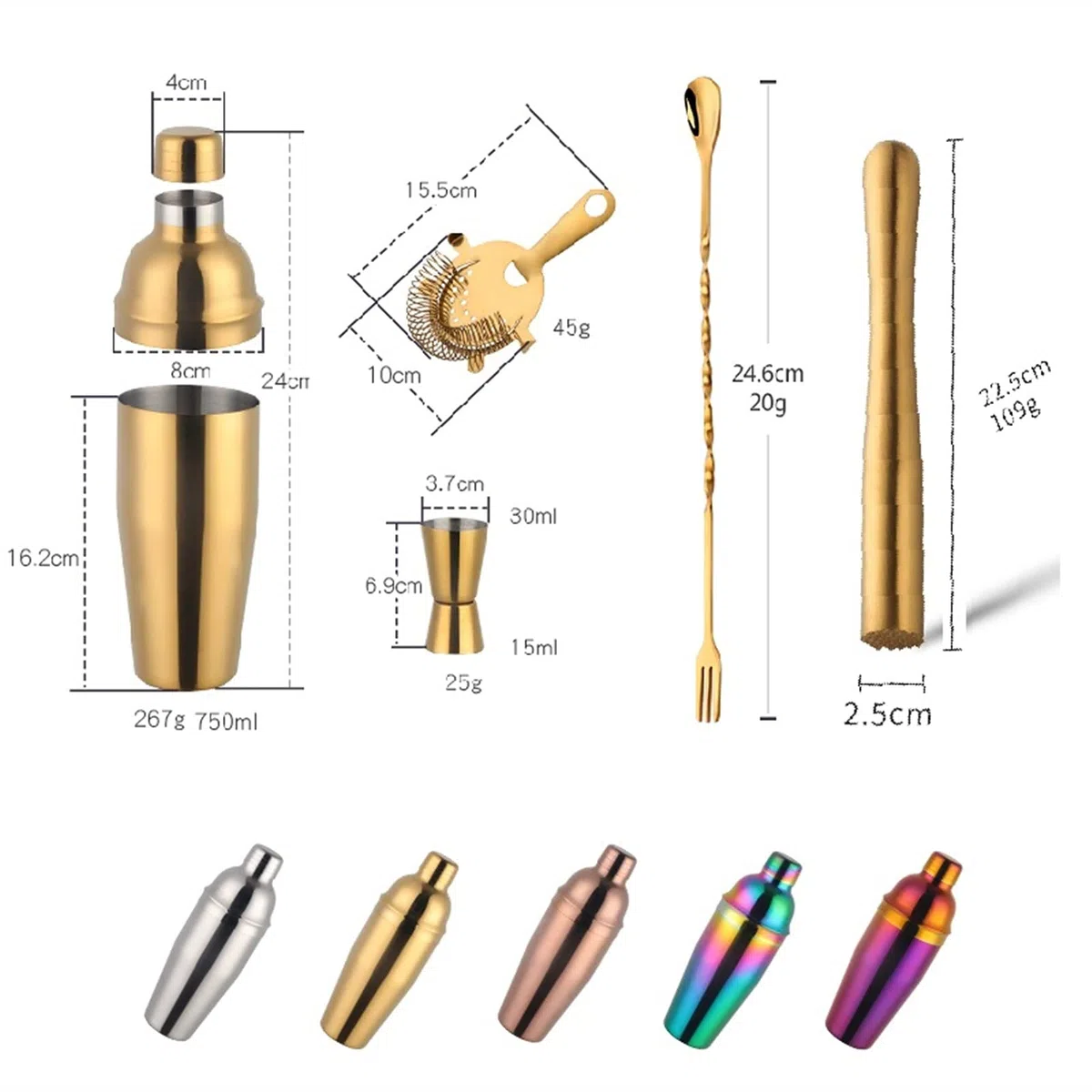 Juego de Coctelera 750 ml Cóctel Shaker Acero Inoxidable Boston Cóctel Conjunto Shaker Steer Voulters Gold Bar Herramienta Conjunto con Striador Mida Cup Bartender Agitador de Cócteles