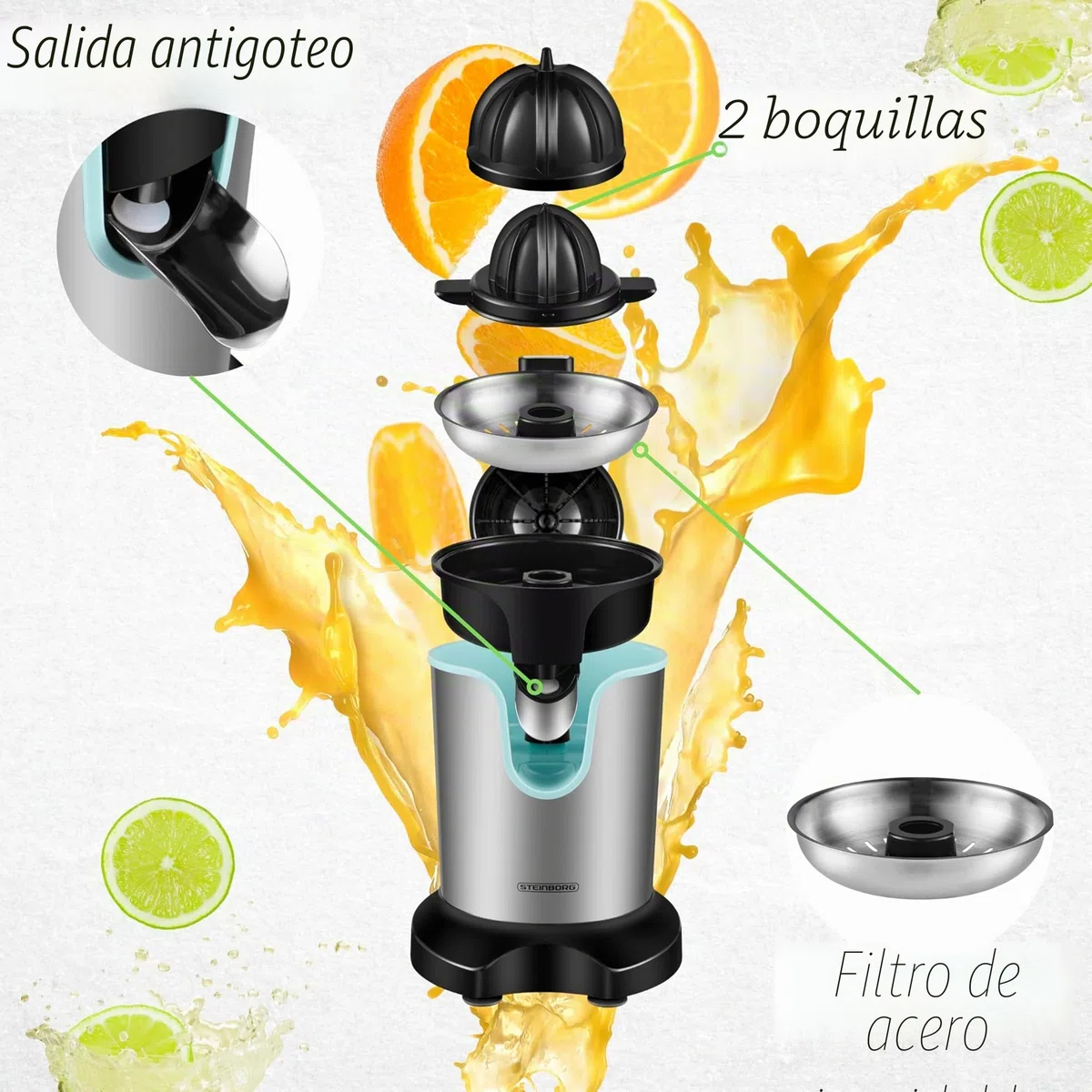 Exprimidor eléctrico de cítricos, 800 W, motor Longlife, de acero inoxidable, exprimidor eléctrico, de arranque automático, apto para lavavajillas, exprimidor de frutas, exprimidor de cítricos