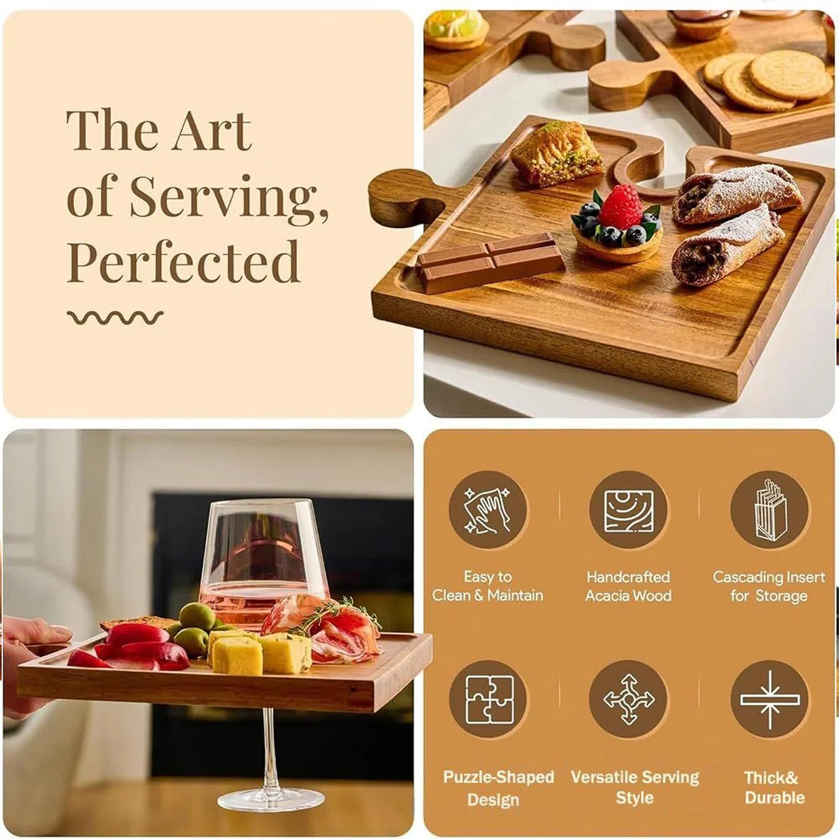 Bandejas De Servir para para Presentar con Asas | Tabla de Quesos y Embutidos con Asas para Comida Carne Fruta Snacks Postres Cocina Salon Mesa Buffet