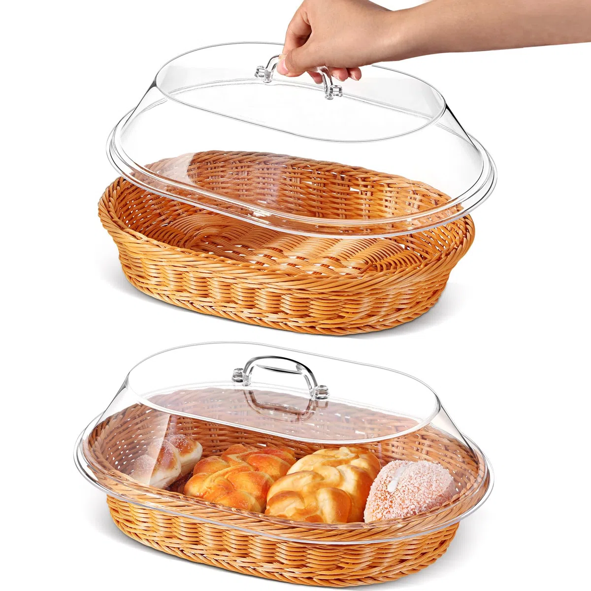 Hushee Juego de 2 cestas de pan de ratán de imitación con tapa, cestas de pan de mimbre para servir cesta de frutas tejida con cubierta, cestas ovaladas para alimentos para verduras, restaurantes