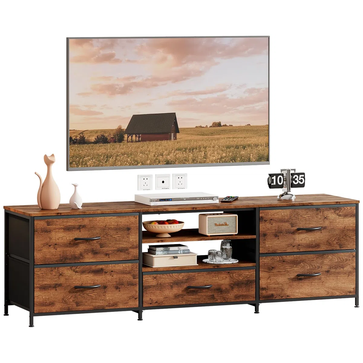 Mueble de TV, unidad de TV, consola de TV con 5 cajones, organizadores de almacenamiento, centro de entretenimiento con estante abierto para sala de estar, dormitorio (marrón)