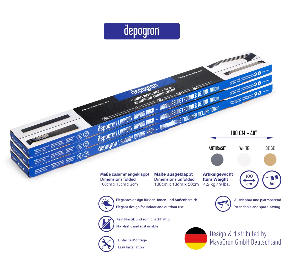 Tendedero de pared de 100 cm – 6 barras plegables y extensibles – 6 m de longitud de secado – hasta 25 kg – ahorra espacio – para interior y exterior – antracita