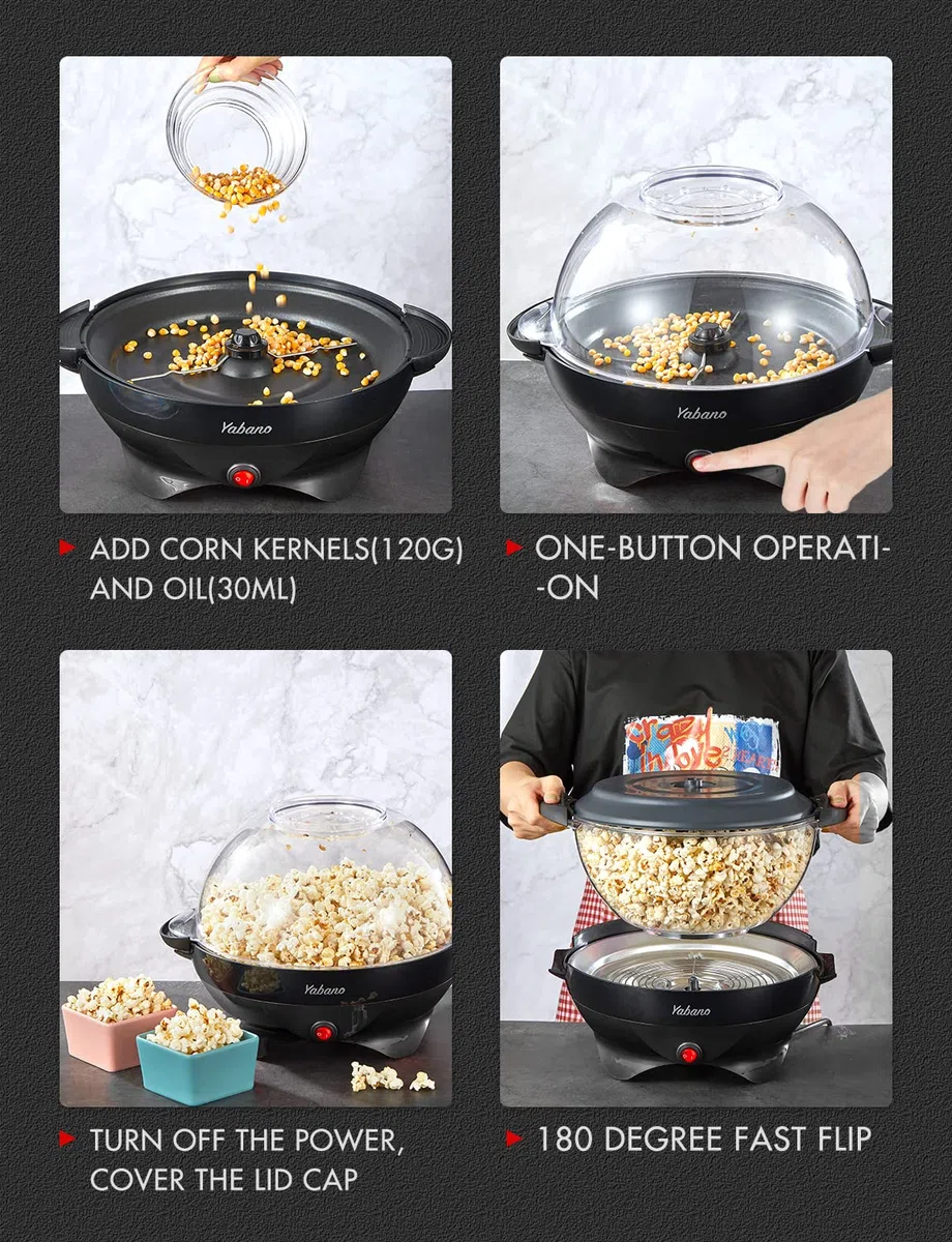 Yabano Máquina de Palomitas, 800W, Superficie de Calentamiento Extraíble, Antiadherente, 5 Litros, Tapa Grande para Servir y Almacenamiento Cómodo,sin BPA, Negro