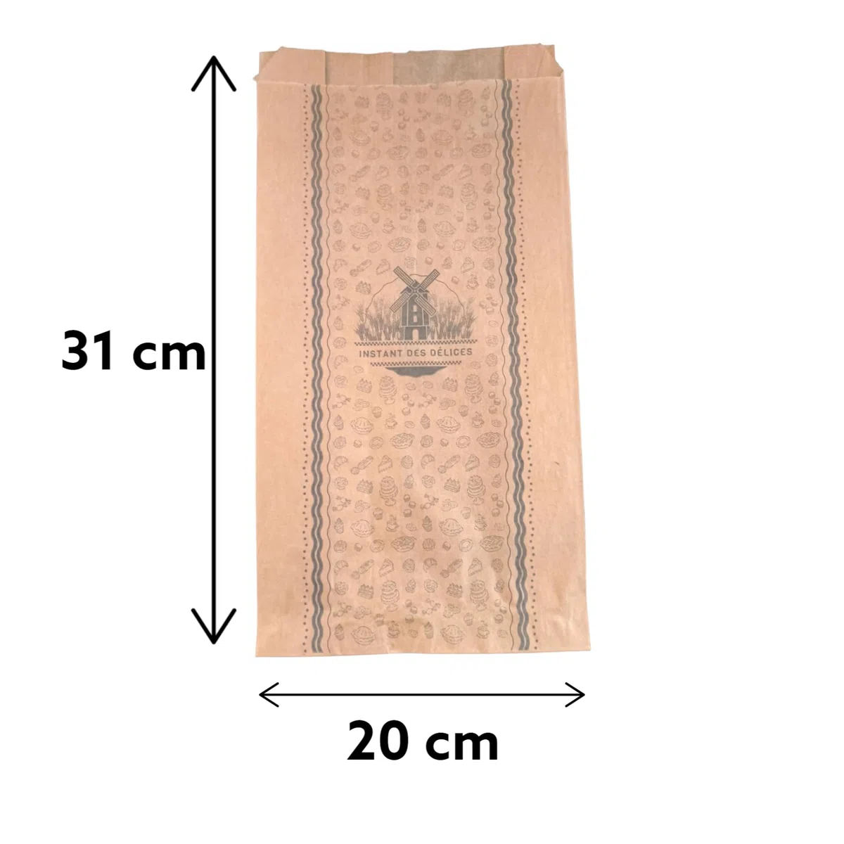 1000 Bolsas de bollería 20+5x31 cm de papel kraft marrón de grado alimenticio sin grasa impresas en negro