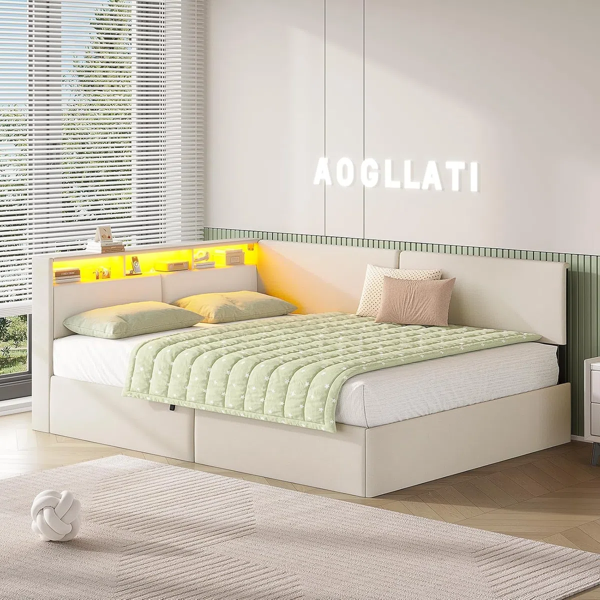 AOGLLATI Canapé 140x200 cm con Almacenamiento Hidráulico, Sofá Cama Matrimonio con Cabecero Tapizado y Luz LED Regulable, Estructura Camas Matrimoniales con Estación de Carga, Cama Juvenil, Beige