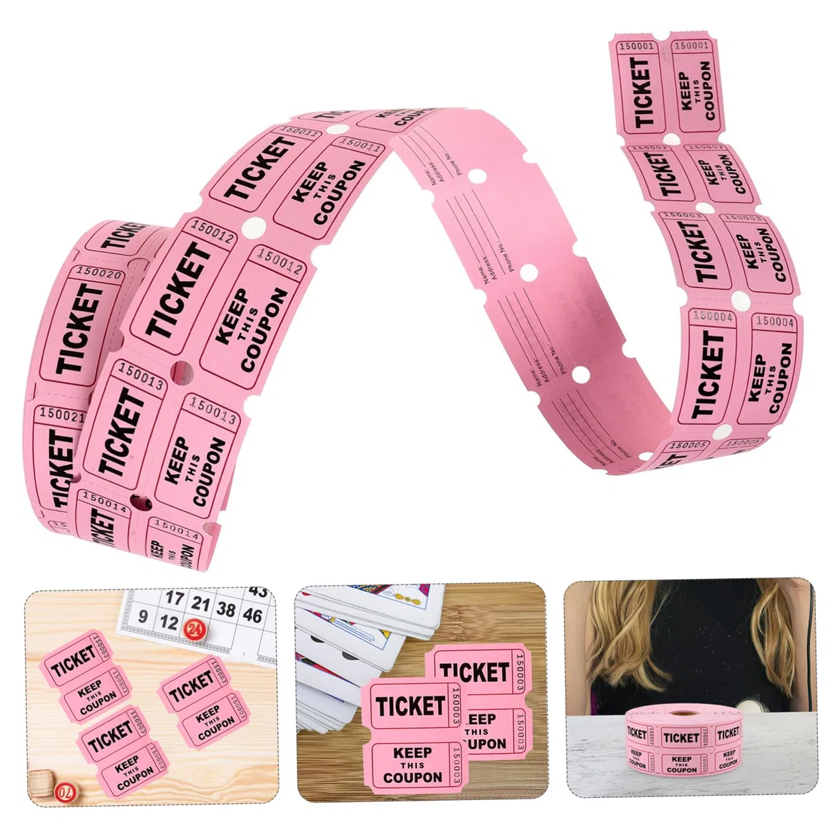 4 Rollos boletos para la rifa de boletos billete falso decoraciones circo Entradas para eventos Boletos de puerta entradas para el aula boletos para la rifa del festival Papel rosa