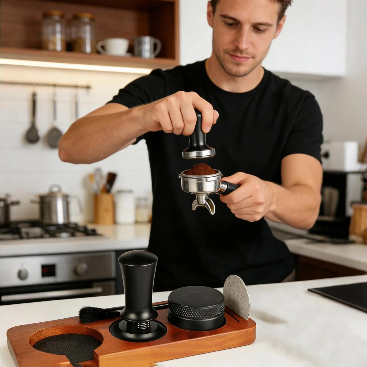 Juego de Accesorios para Espresso Distribuidor De Prensado De Cocina | Estación de Prensa para Café Para apartamento, comedor, bar, residencia, cafetería, casa, aficionados y principiantes