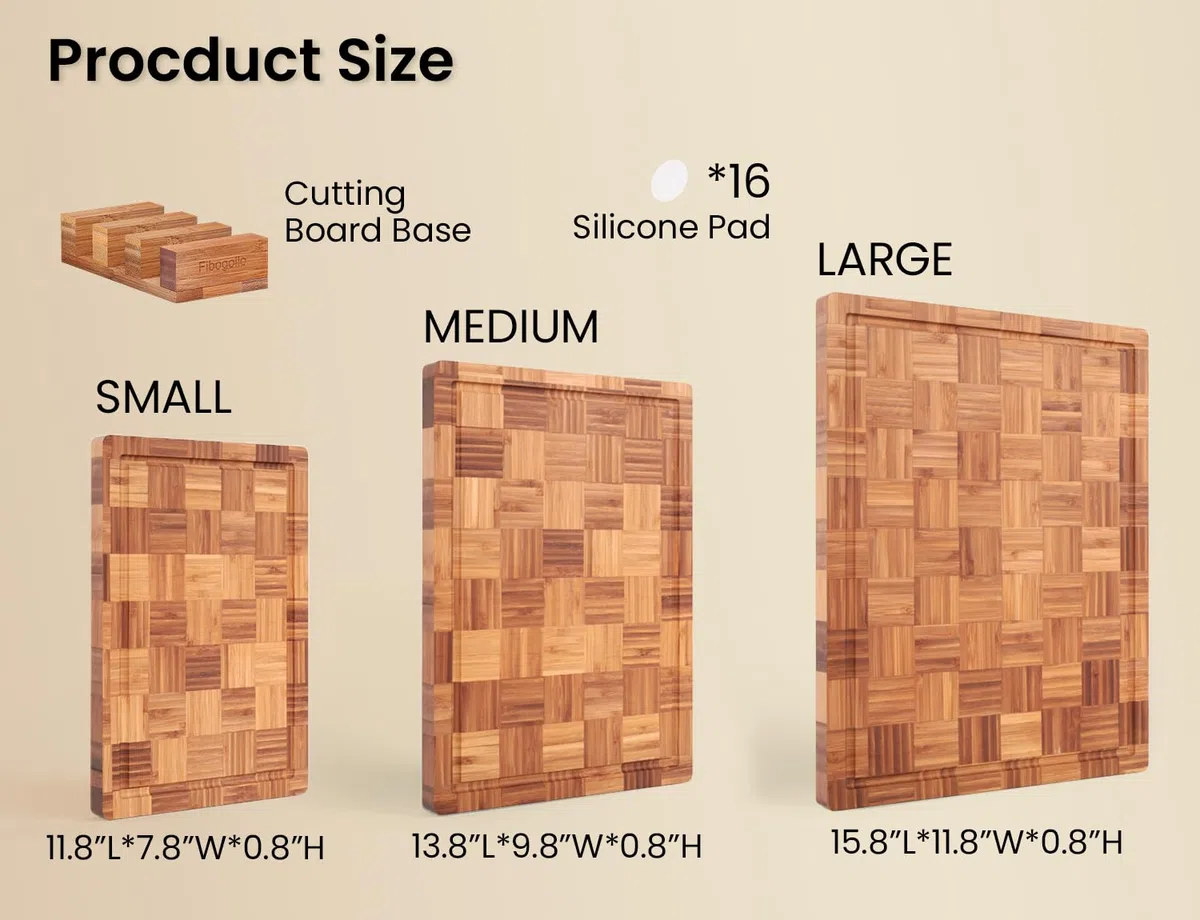 Fibogollo Juego de 3 tablas de cortar de bambú, versión mejorada de lujo, tabla de cortar para cocina, tablas de cortar de madera con ranura para jugo, juego de tabla de servir con soporte para carne,