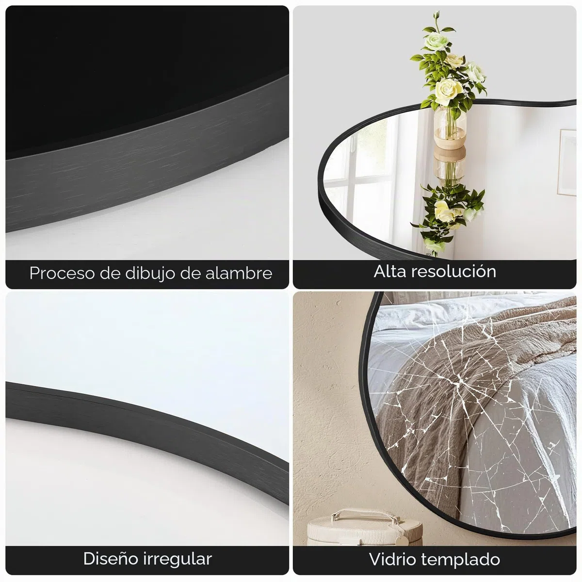 MAMIZO Espejo asimétrico, 50x91 cm, espejo de pared de forma irregular, vidrio templado, marco de aluminio, espejos decorativos, espejos de maquillaje únicos, espejo de baño, negro