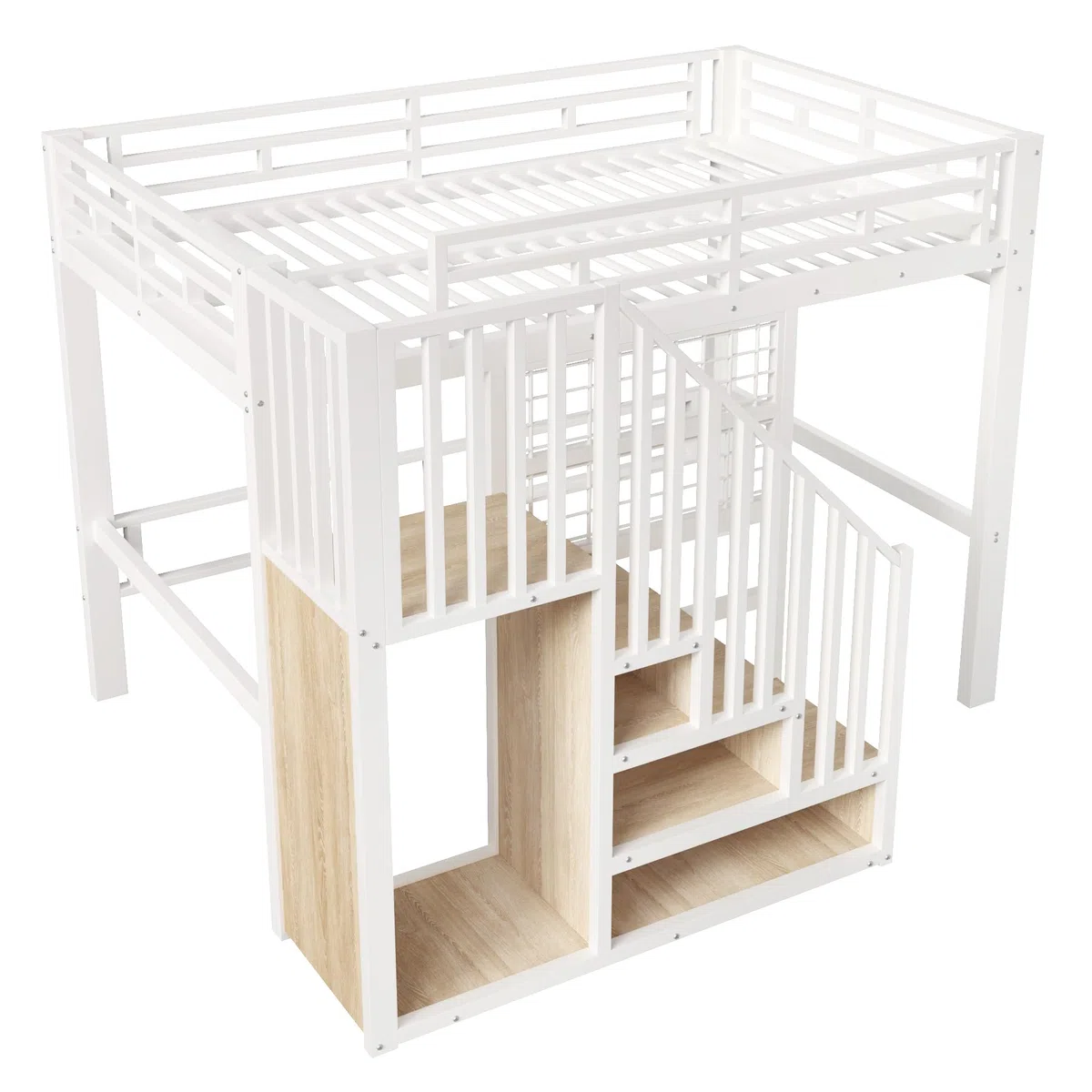 Azkoeesy Cama alta de metal con escalera de seguridad, barra para colgar, luces LED controlable mediante aplicación, panel de rejilla, ahorro de espacio, adolescentes y adultos (blanco, 140 x 200)