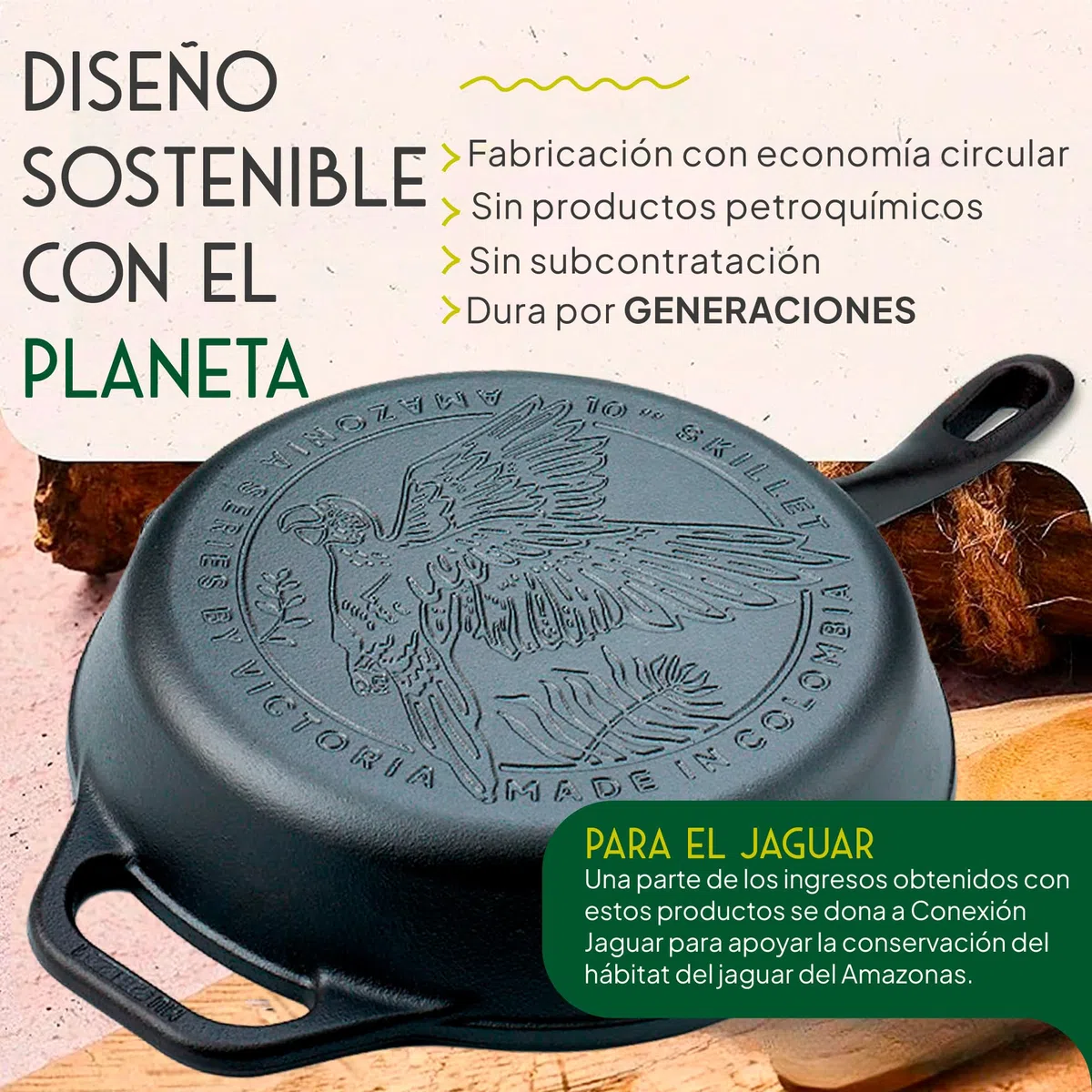 VICTORIA Sartén Hierro Fundido Esmaltado Amazonía Guacamaya Inducción 25cm | Apta para Fuego, Barbacoa, Horno, Vitrocerámica, Gas, Cast Iron sin PFOA