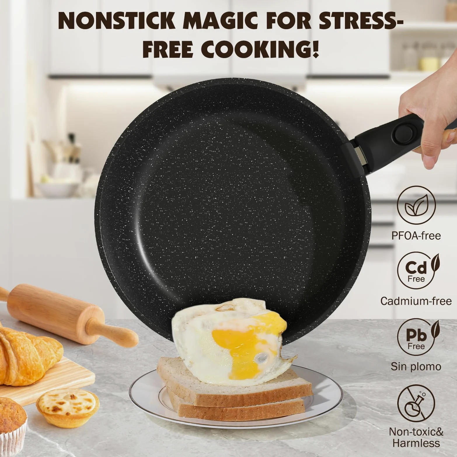 YASHE Batería de Cocina 21 Piezas, Antiadherente, con Mangos Desmontables y Tapas de Vidrio, Compatible con Inducción, Horno y Lavavajillas, Apilable, Gris