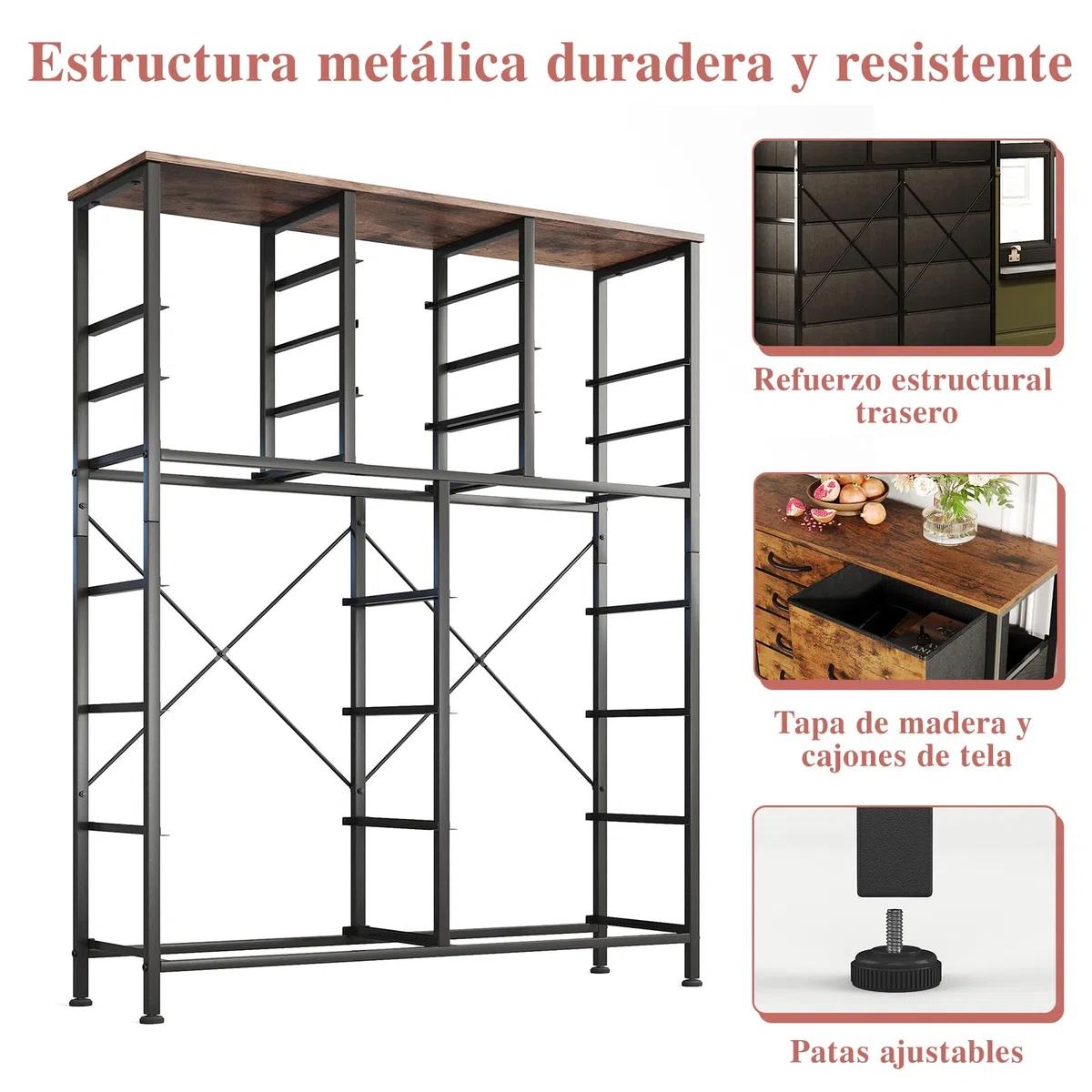 CAIYUN Cómoda con 18 cajones de tela, cómoda para dormitorio, cómoda, salón, armario de almacenamiento, con marco de acero resistente, tablero de madera (marrón vintage)