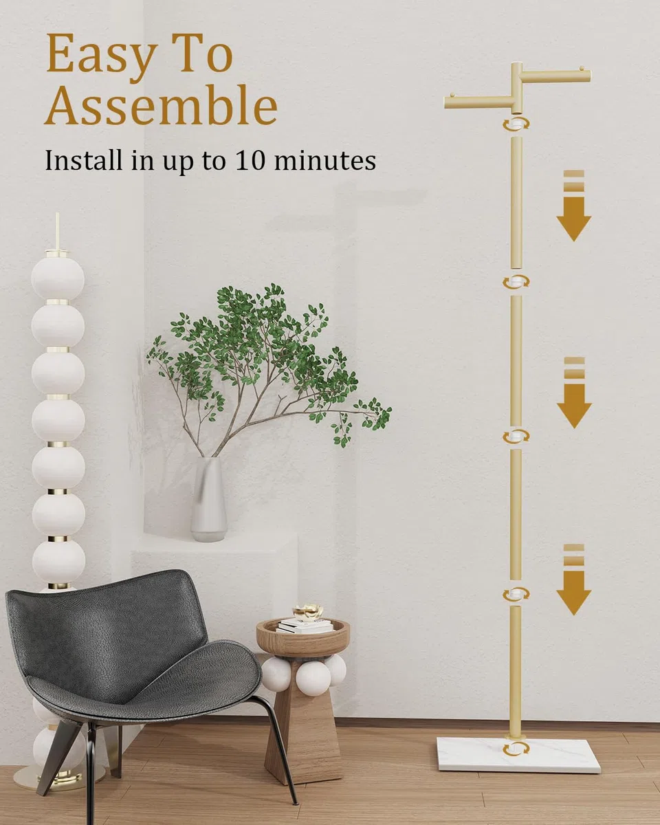 Perchero de Pie Metal Percha, Perchero Moderno en Forma de Z, Robusto Armario con Placa Inferior de Roca Gruesa, para Entrada, Sala de Estar, Dormitorio, Oficina, 175cm, Dorado