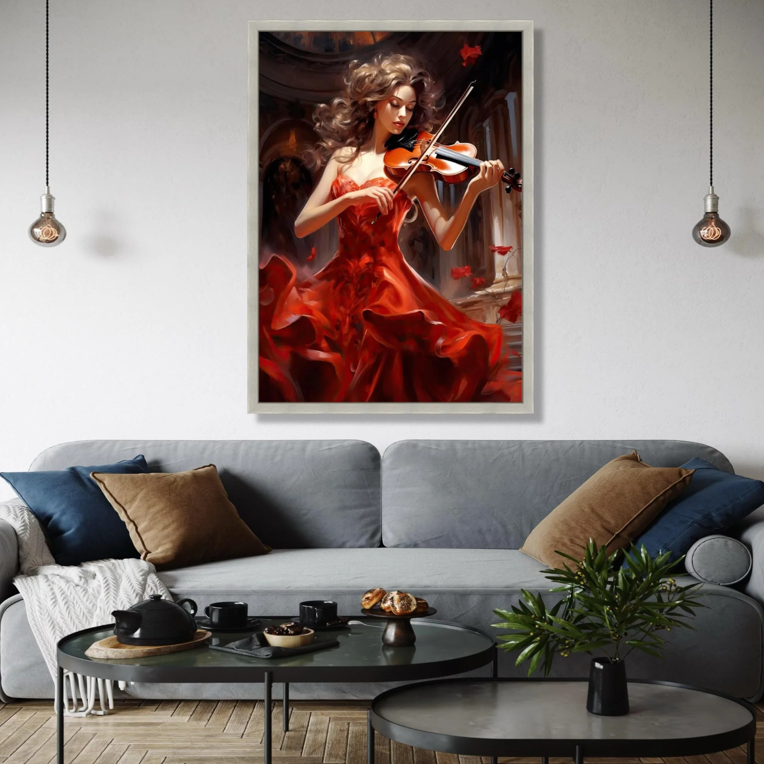 XBTYKPB Lienzo de violinista con vestido rojo fluido, arte mural de instrumentos musicales, decoración de música clásica, decoración romántica del hogar, pintura (70 x 100 cm/marco interior)