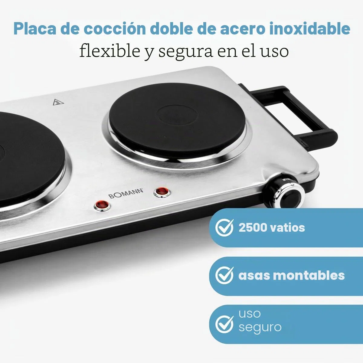 Bomann DKP 5033 S CB de acero inoxidable, placa de cocción doble/2 termostatos regulables continuos/2500 W