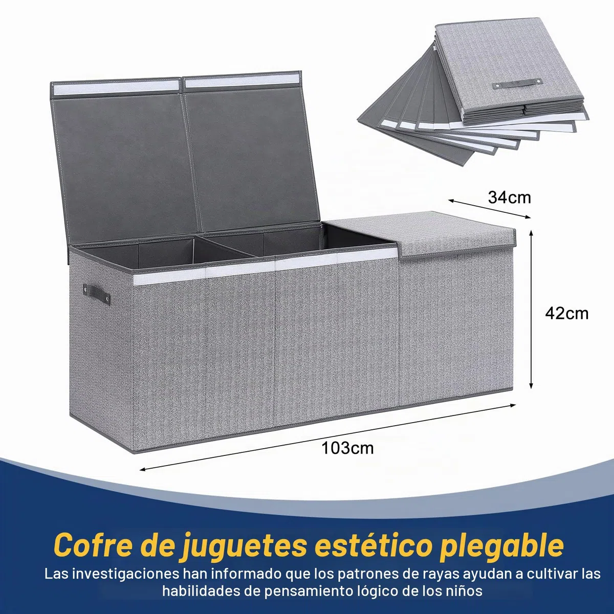 ELUCHANG Caja de Almacenamiento para Juguetes, 147L - Baúl Grande Plegable para Juguetes de Niños y Niñas, Organizador con Tapa Abatible para Ropa, Habitación, Guardería, Gris