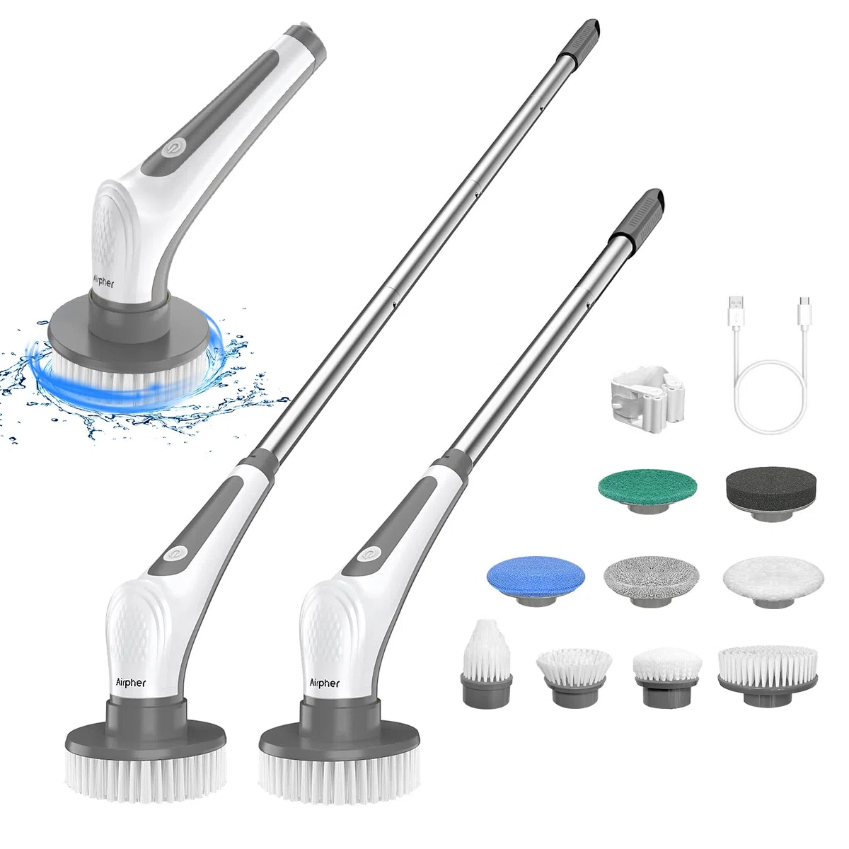 Cepillo de limpieza eléctrico, 9 cepillos de repuesto, pulidor, 4 longitudes ajustables, inalámbrico, ligero para baño, suelo, ventana, limpieza de inodoros