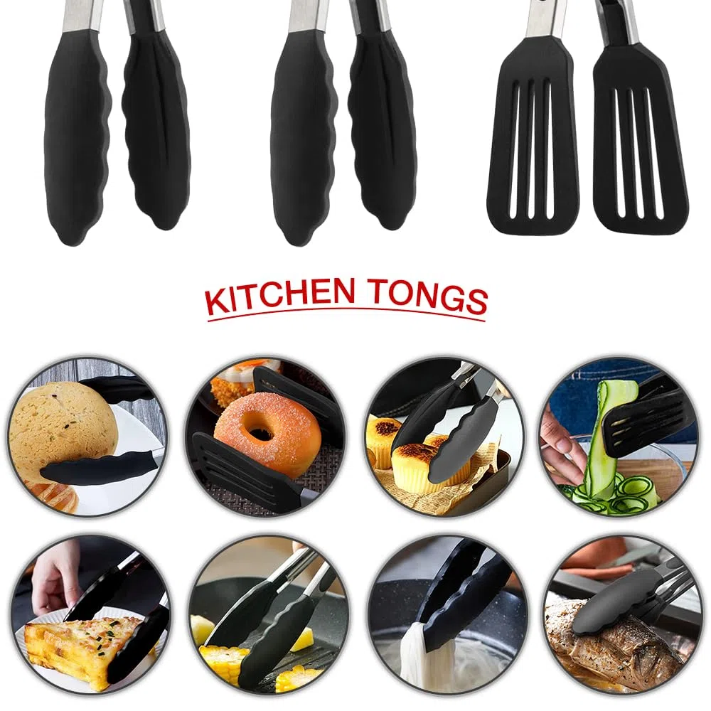 Juego de 3 pinzas de silicona de 9 pulgadas, antiadherentes con puntas de silicona y mango de acero inoxidable, pinzas de cocina para cocinar