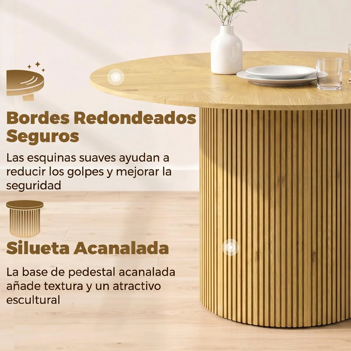 HOMCOM Mesa de Comedor Redonda Base Cilíndrica para 4-6 Personas Roble | Mesa de Cocina , Base Acanalada, Marco Metálico, para Sala de Estar, Carga 100 kg