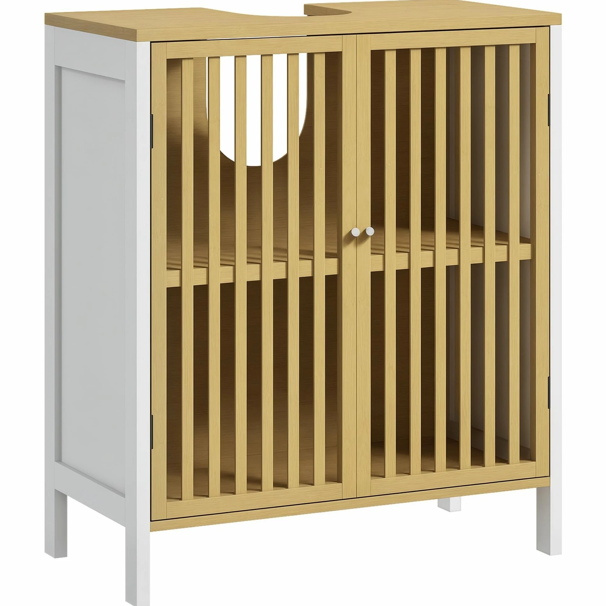 HOMCOM Mueble para Debajo del Lavabo Armario de Almacenamiento Bajo Lavabo de Bambú con Estante Ajustable y Puerta Doble Carga 30 kg 60x30x70 cm Blanco y Natural