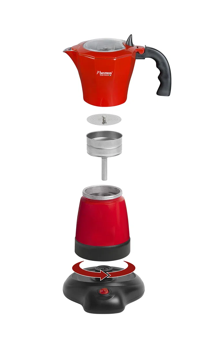 Bestron Cafetera Eléctrica para Expreso, Viva Italia, Para 6 Tazas: 180 ml, 480 W, Aluminio, Rojo