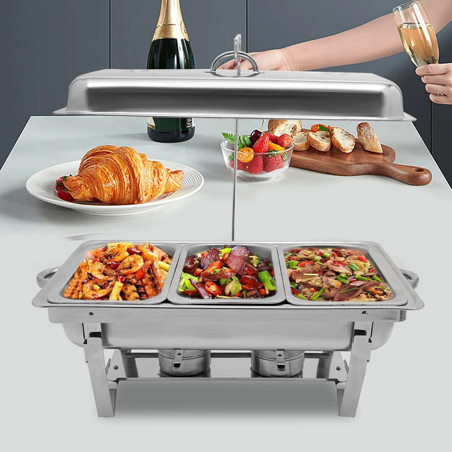 Calentador de alimentos de 9 l, recipiente térmico de acero inoxidable, marco plegable de acero inoxidable, juego de buffet plateado, rectangular, para catering, buffet y fiestas (3 bandejas)