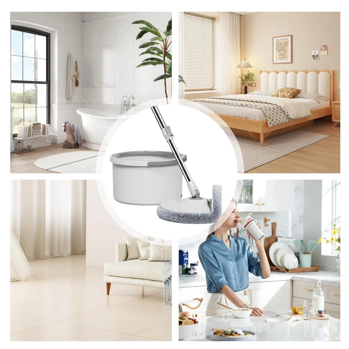 Mopas de piso para limpieza, fregona de limpieza plegable con cubo , juego de fregona exprimidora, 6 almohadillas incluidas, fregona de separación de aguas residuales para suelos de madera dura | Herramientas de limpieza de mango ajustable con 6 almohadil
