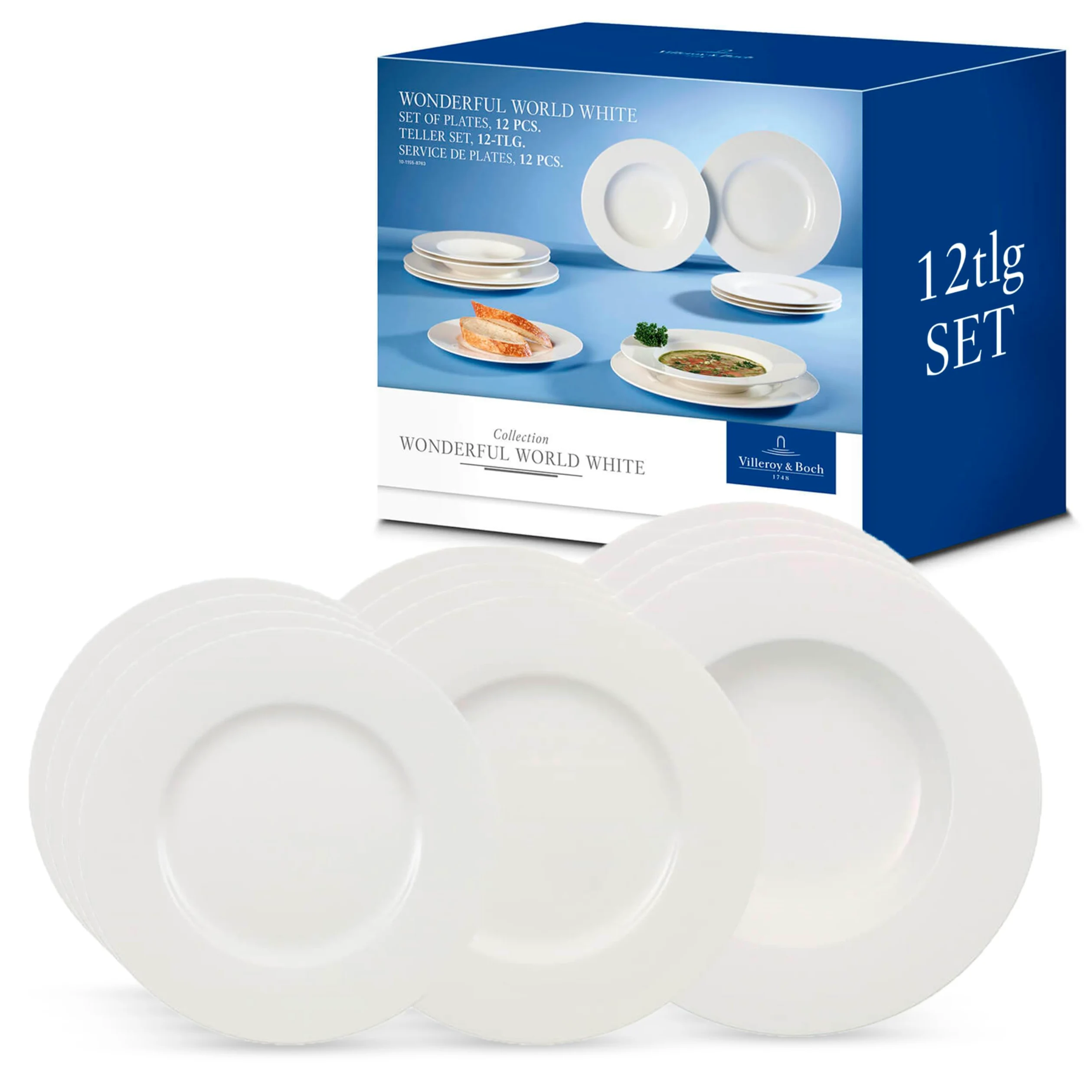 Villeroy & Boch - Wonderful World Set de Cena 12 Piezas para 4 Personas Blanco, Apto para Lavavajillas, Apto para Microondas, Platos de Cerámica, Vajilla Blanca, Porcelana Premium
