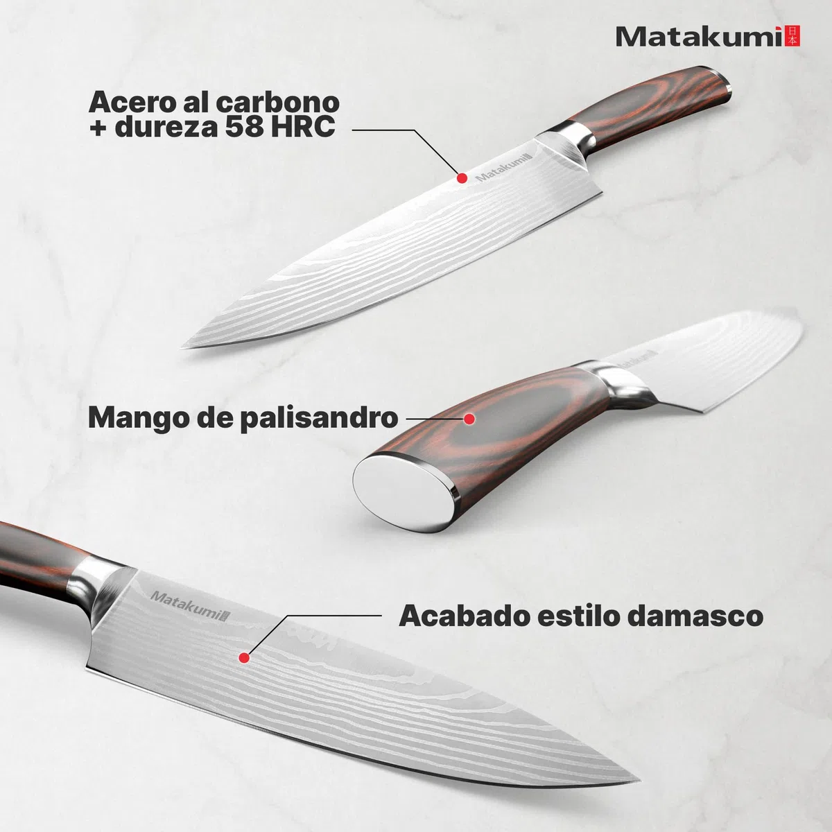 Matakumi juego de cuchillos de cocina con diseño damasco grabado, hojas afiladas de acero al carbono con mangos ergonómicos para uso duradero, juego de 5 piezas set de cuchillos de cocina profesional