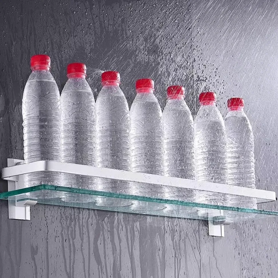 LUUYYI Estante de baño de cristal, estante de ducha de vidrio de 15.7 pulgadas con riel de aluminio, estante de ducha flotante sin taladrar, moderno estante de baño montado en la pared, estantes