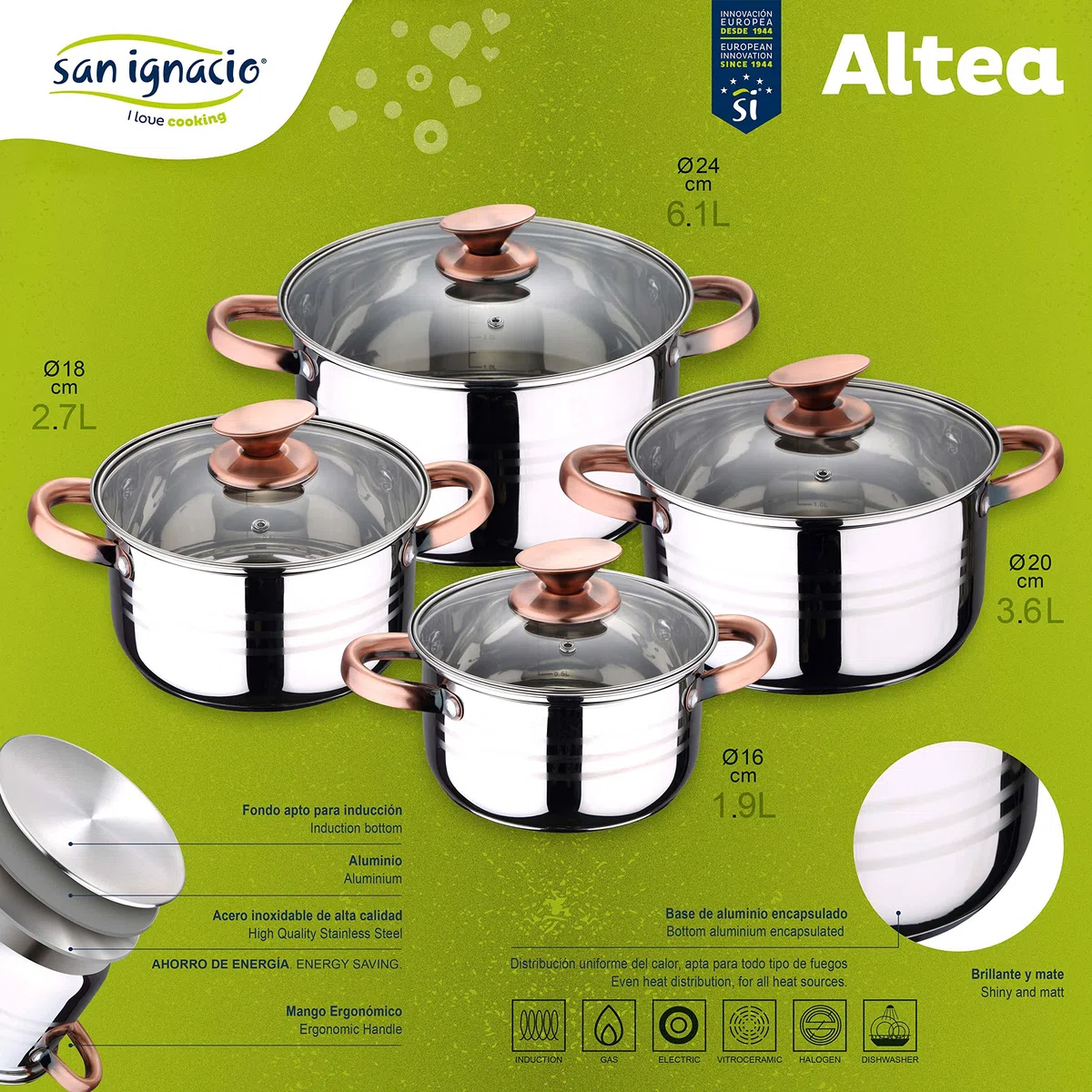 San Ignacio Bateria de cocina 8 piezas apta para induccion Altea en acero inoxidable con set de 4 cuchillos de cocina de acero inoxidable Daimiel