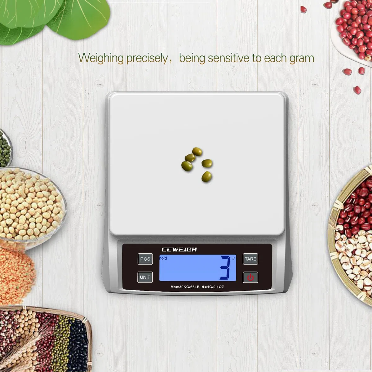 Báscula digital de cocina de 30 kg, báscula de pan inoxidable con pantalla LCD, conversión de múltiples unidades para hornear, supermercado y entrega rápida, báscula de conteo (blanco)