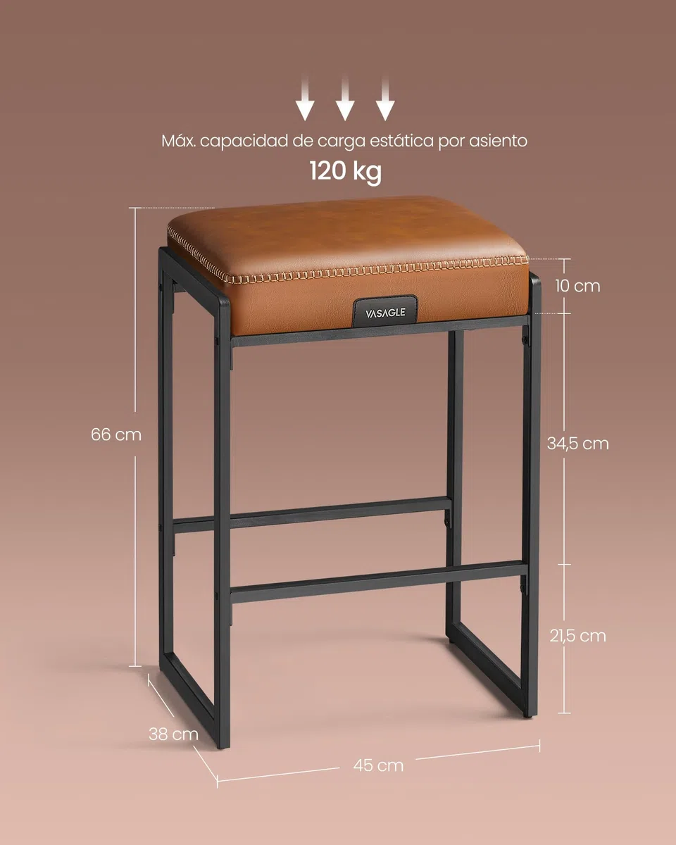 VASAGLE EKHO Colección - Juego de 2 Taburetes de Bar, Taburetes de Cocina, Cuero Sintético con Costuras, Moderno Siglo Medio, 66 cm de Alto, Bar Casa, Comedor, Fácil montaje, Marrón Caramelo LBC086K01