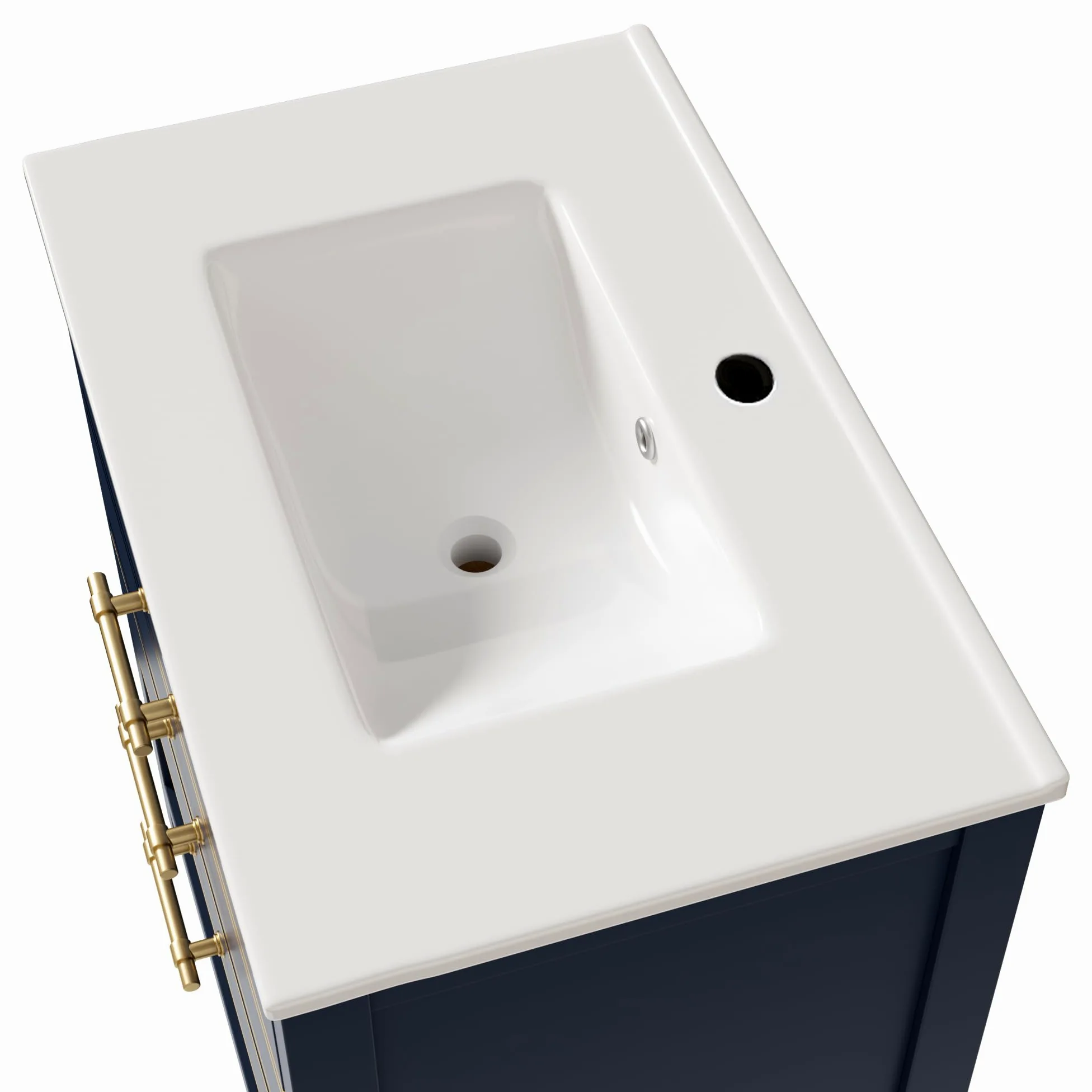 Lexiou Mueble de baño con lavabo de cerámica, mueble de baño independiente con 2 cajones y compartimento abierto, asas doradas, sin grifo ni desagüe (negro y azul)