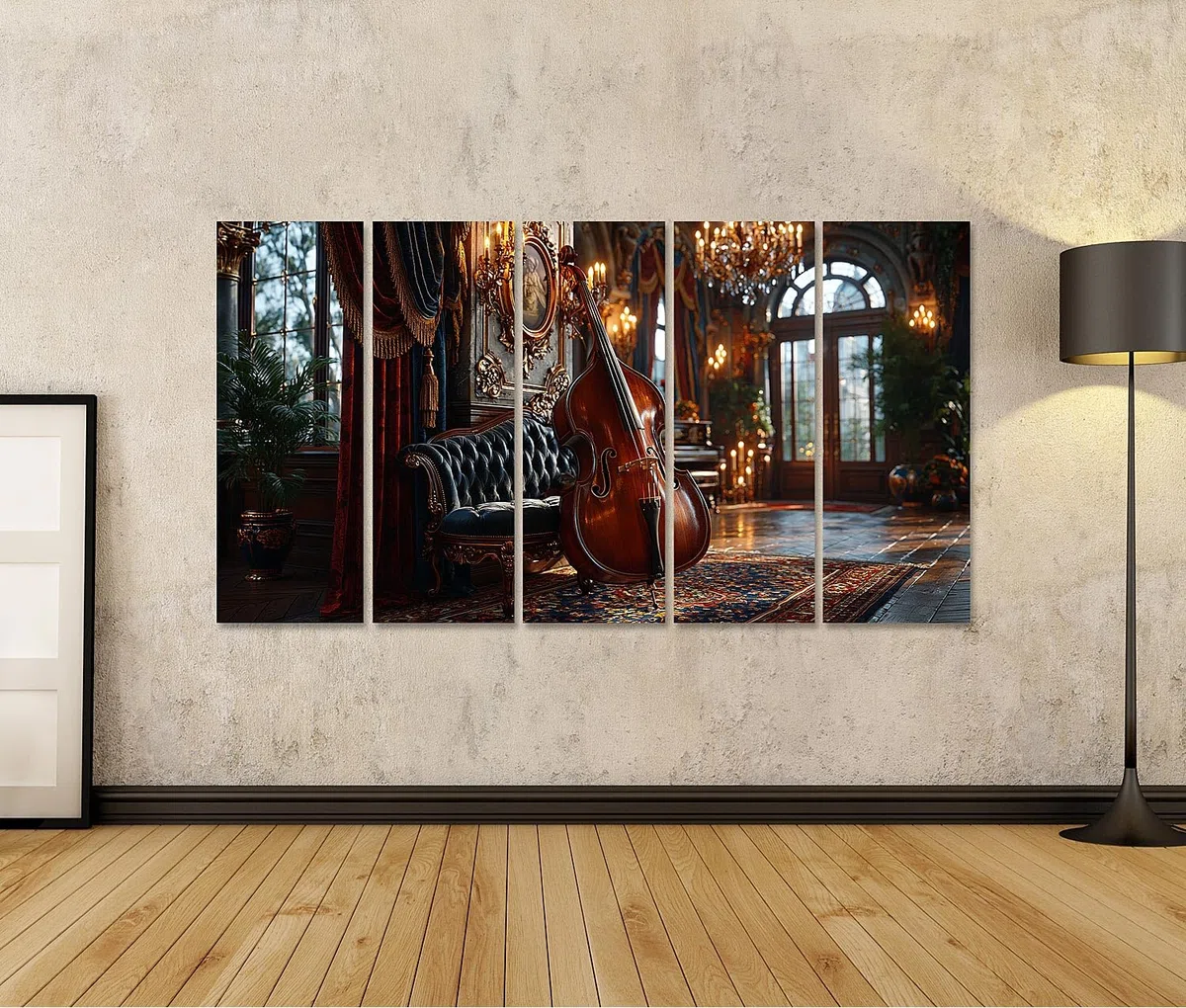 islandburner Cuadro sobre lienzo elegante de contrabajo impresión artística para sala de estar para amantes de la música – 5 piezas XXL – Edición W1