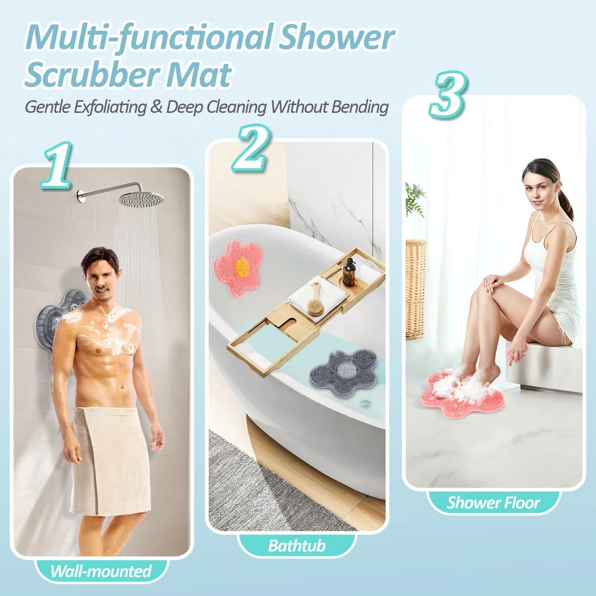 Juego de alfombrilla de silicona para pies de ducha y limpiador corporal de silicona, limpiador de espalda grande montado en la pared para limpiar, exfoliar y masajear sin doblarse (gris +