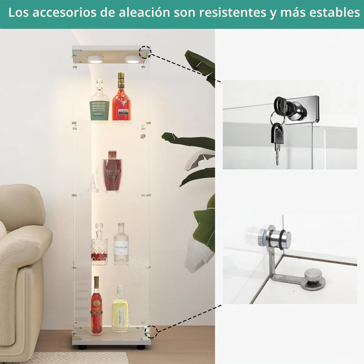 Vitrina de Cristal con LED, Armario para colección con 1 Puerta, 4 estantes, Transparente, gabinete, Vitrina, Cristal, Vitrina, estatuilla, gabinete, Vitrina, salón, Bar (4 Pisos,1 Puerta