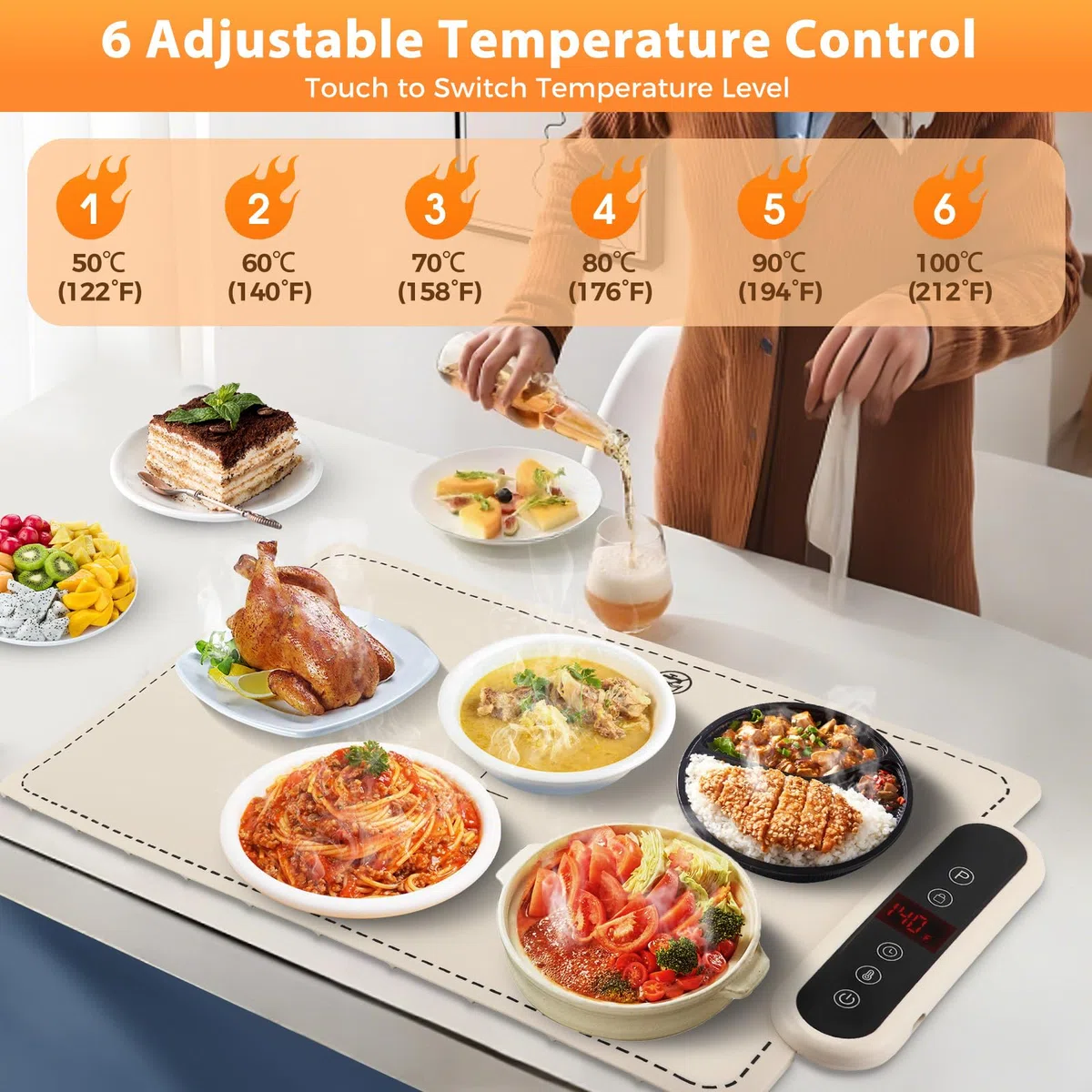 Bandeja Calefactora Eléctrica de Silicona Plegable 60x40 cm – Calentador de Alimentos Portátil con 6 Niveles de Temperatura y Bloqueo para Niños – Ideal para Buffets, Fiestas, Familia y Oficina