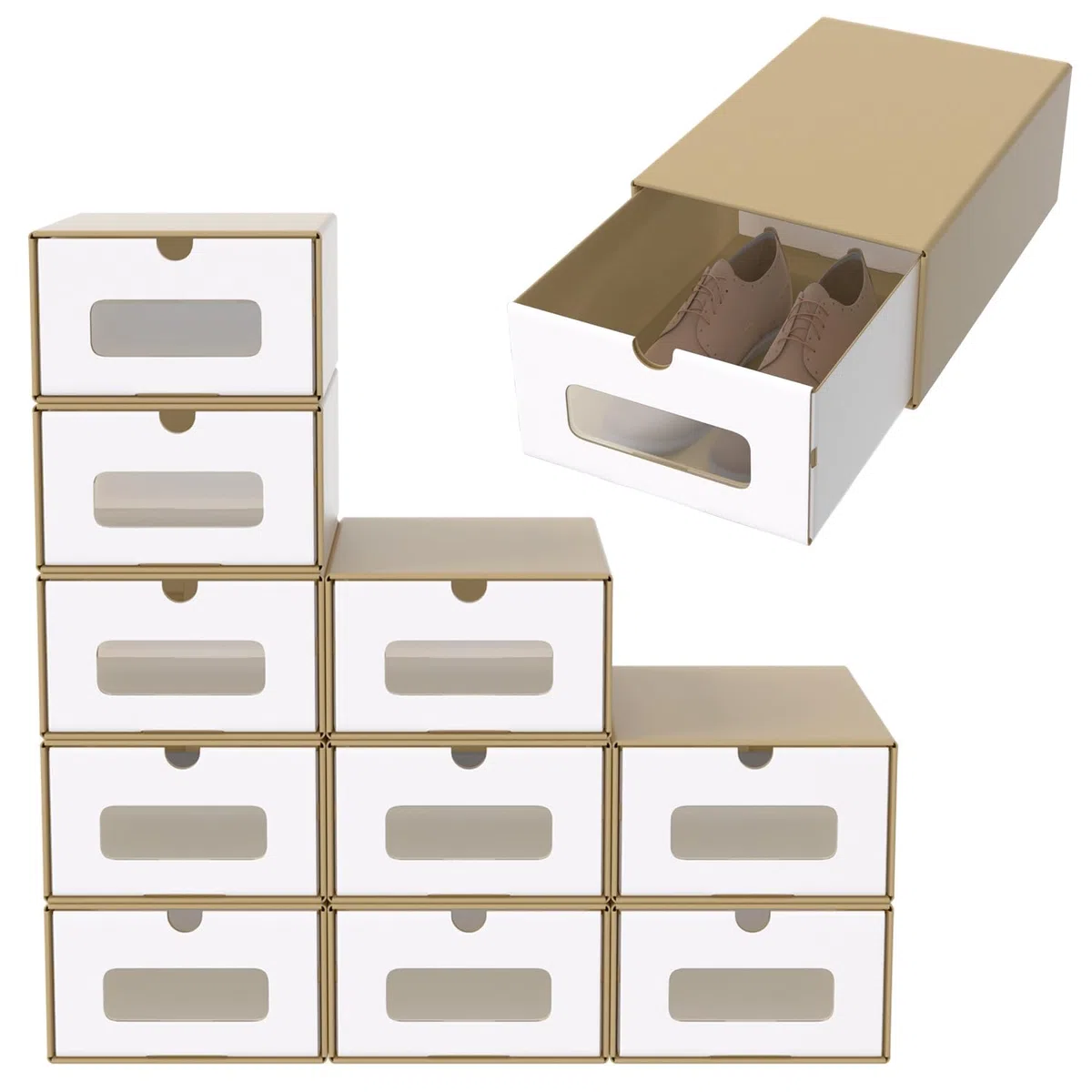 ACXIN Juego de cajas apilables para zapatos, cajones con ventana transparente, cartón de papel kraft, 34,5 x 23,5 x 13,5 cm, 10 unidades, color marrón