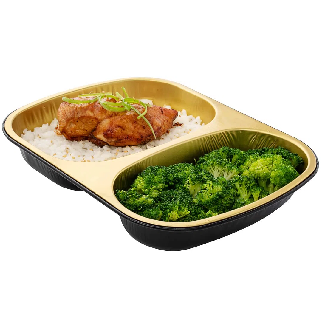 Restaurantware Foil Lux - Recipientes de aluminio para alimentos de 28 onzas, 100 bandejas rectangulares de aluminio, las tapas se venden por separado, 2 compartimentos, recipientes de aluminio negro