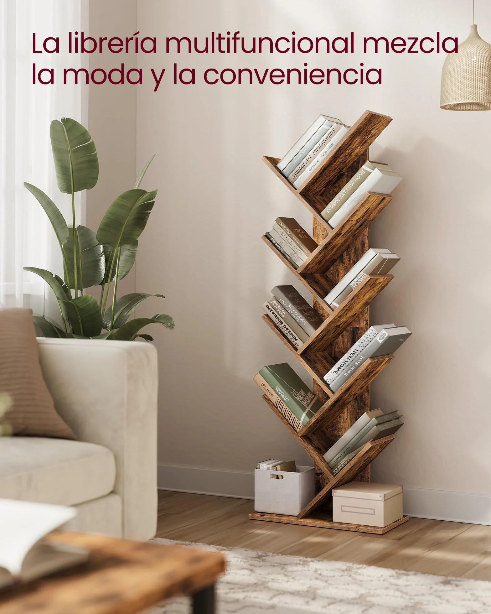 VASAGLE Librería en Forma de Árbol, Biblioteca de 9 Niveles, Ahorro de Espacio, Estantería Vertical, para Dormitorio, Sala de Estar, Estudio, Oficina, Marrón Rústico LBC11BX