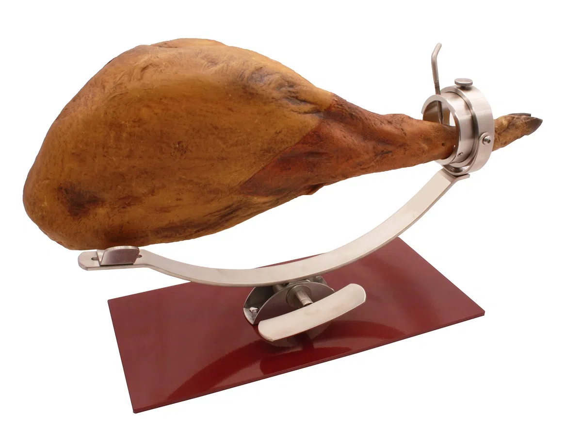 FERRETERIA LEPANTO Soporte jamonero New Generation basculante y giratorio con herraje Inoxidable y base de acero color cerezo.